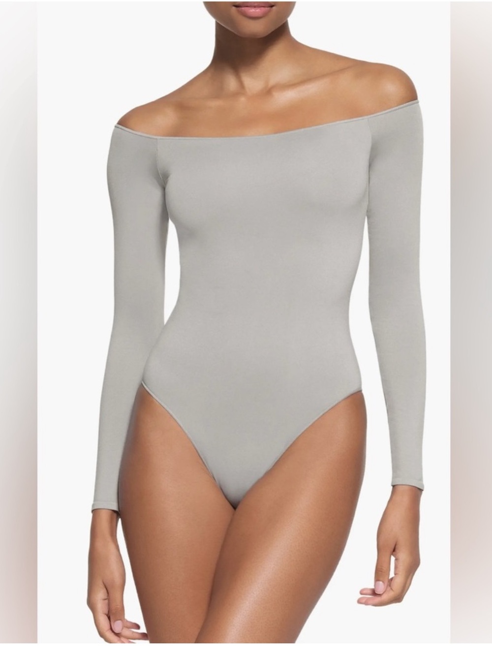 SKIMS Off-the-Shoulder Long Sleeve Bodysuit in Light Gray